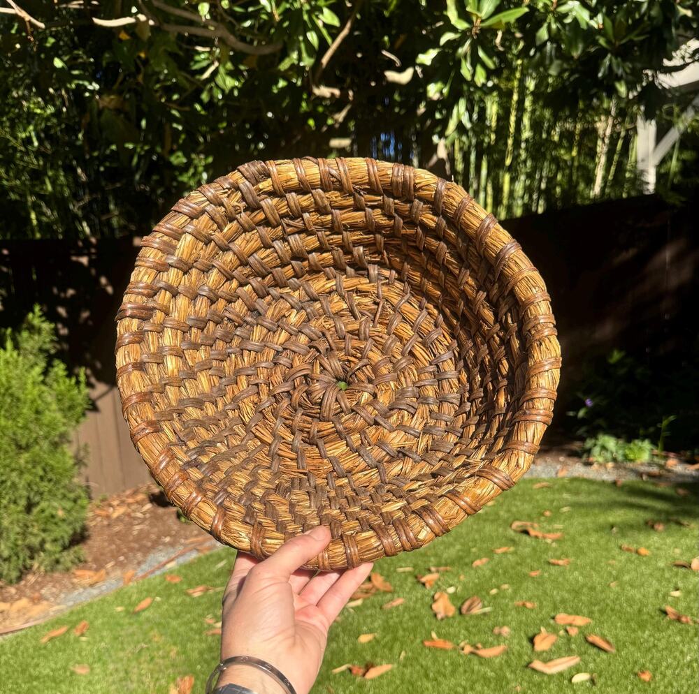 Vintage Primitive Handwoven Grass and Wood Basket Bowl - Rustic Folk Art Decor